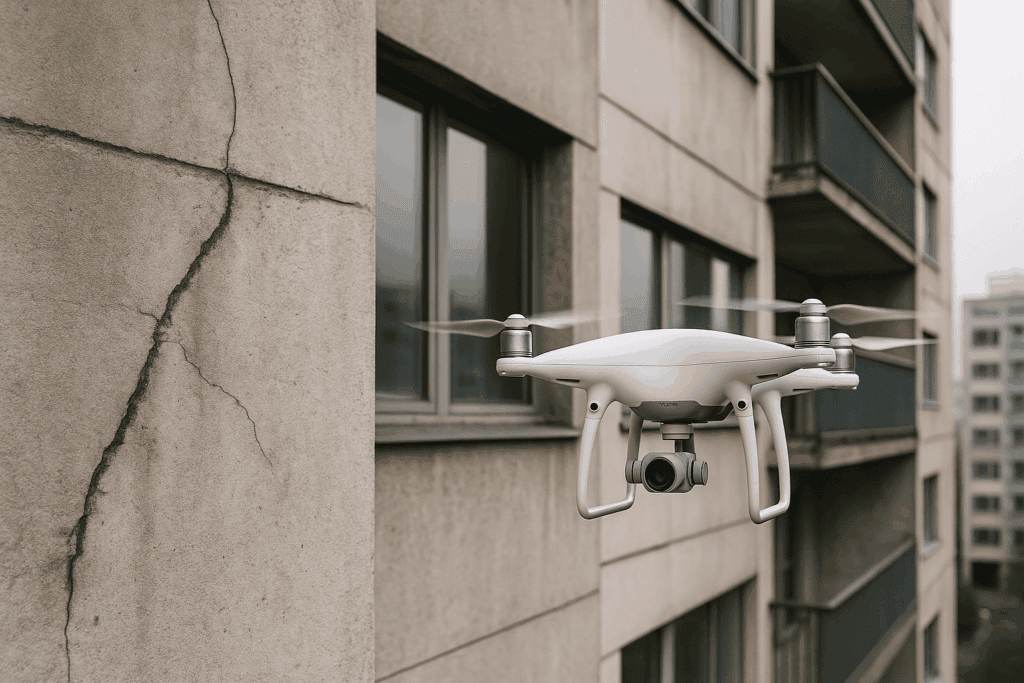 Inspeção de fachada industrial com drone