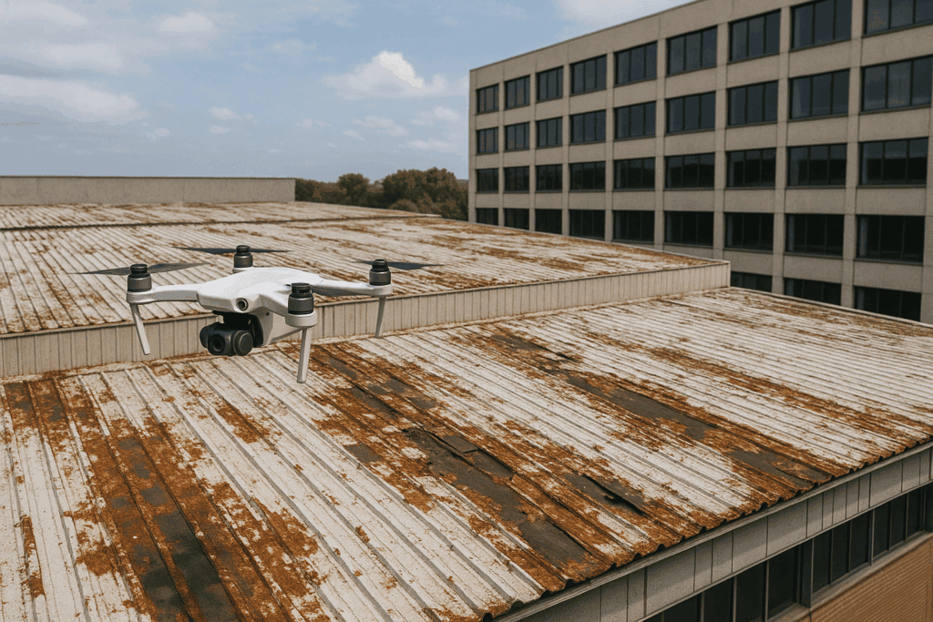 Drone inspecionando telhado de galpão industrial para detectar goteiras e infiltrações