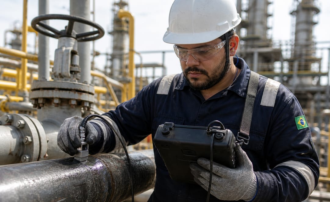 Inspetor END realizando ensaio por ultrassom em tubulação industrial