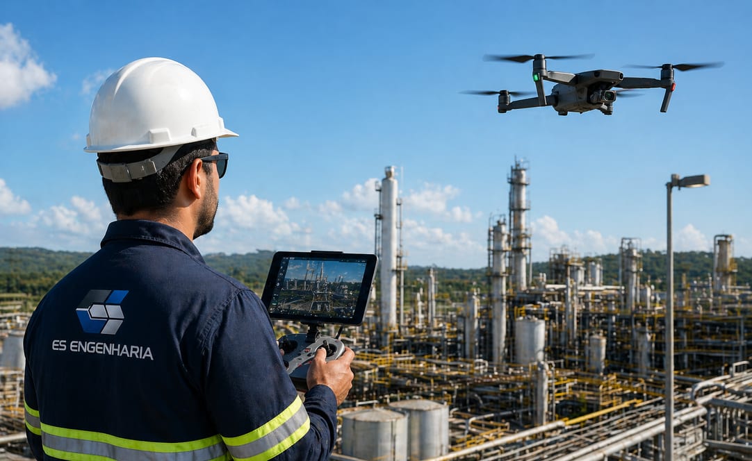 Operador da ES Engenharia pilotando drone DJI sobre refinaria petroquímica