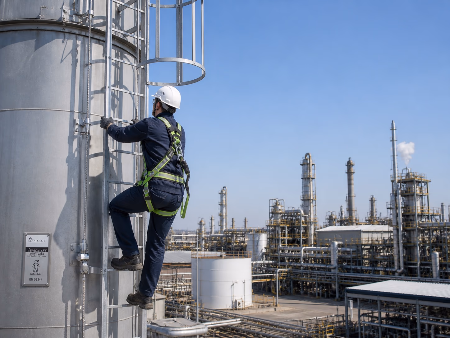 Sistema de linha de vida vertical em escada de acesso industrial