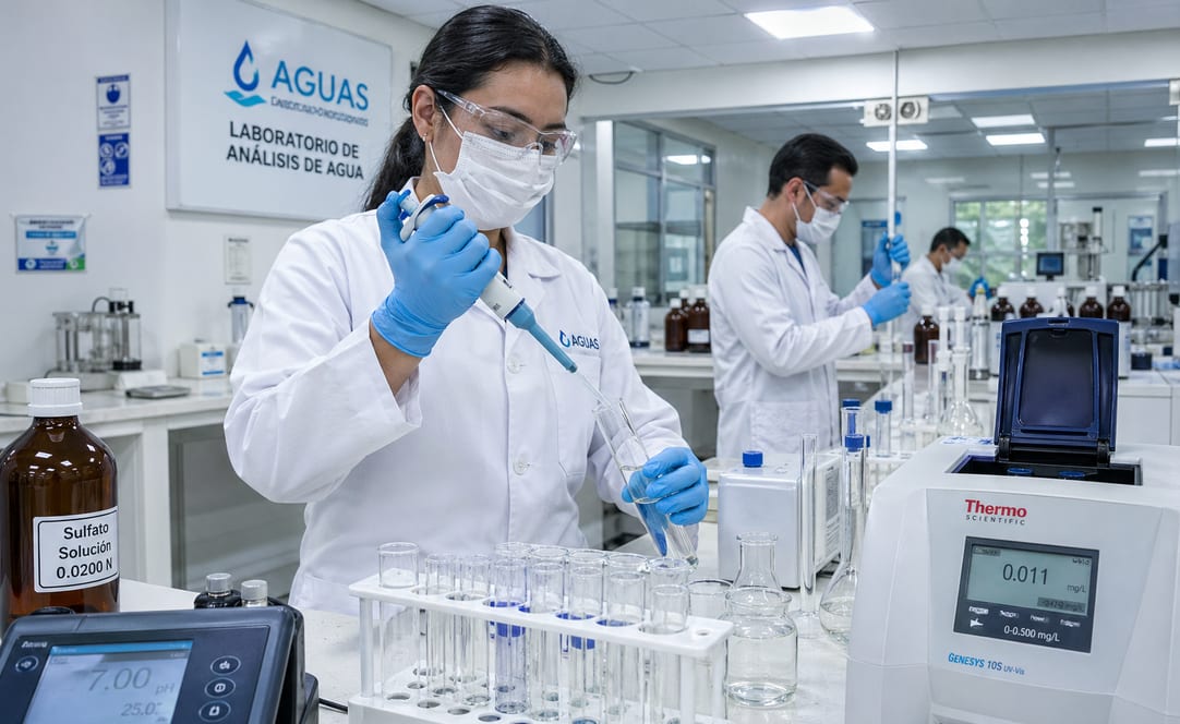 Analista em laboratório realizando análise de potabilidade da água com pipeta automática